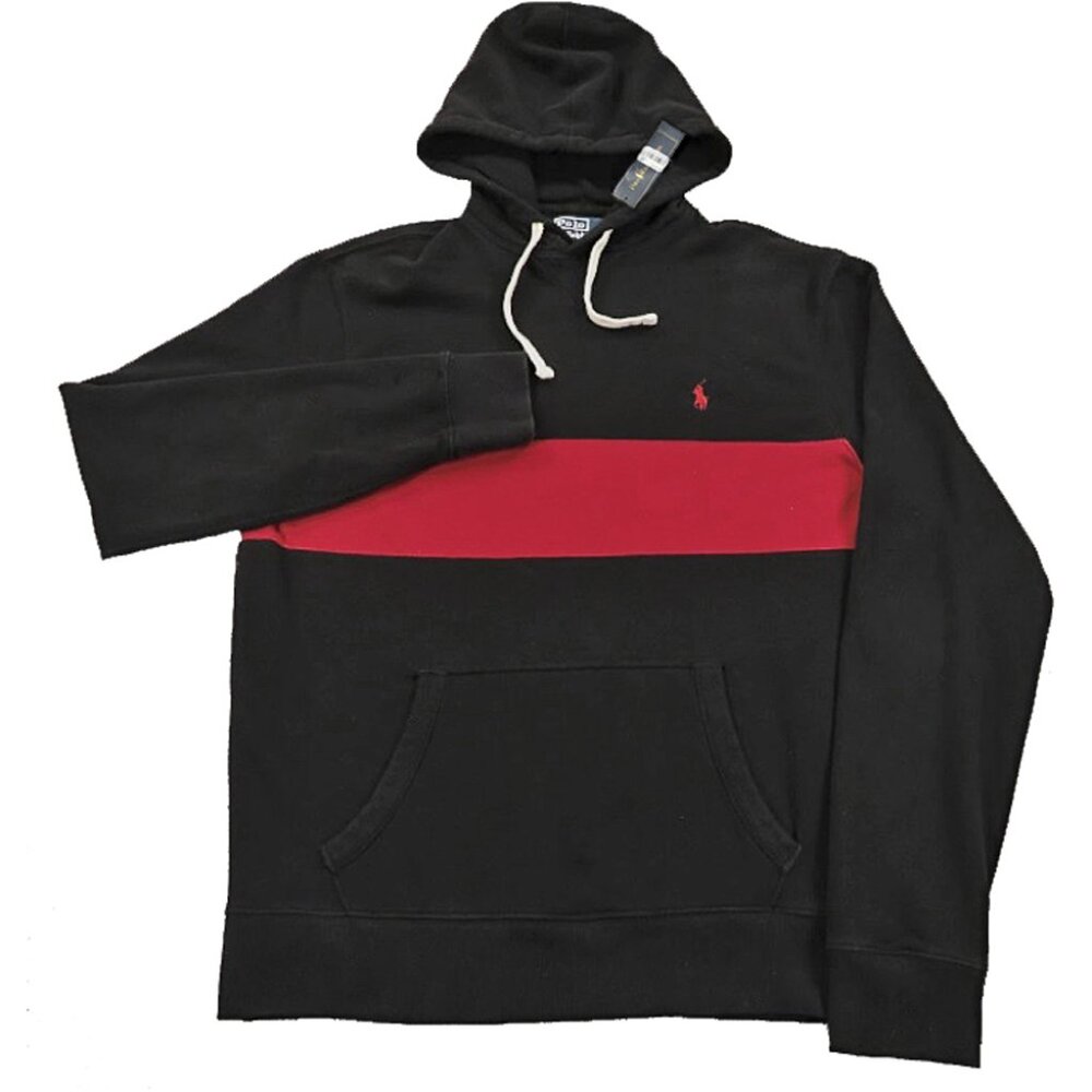 NEW Vintage Polo Ralph Lauren Hoodie Sweatshirt!  Sm Med  Black With Red Stripe